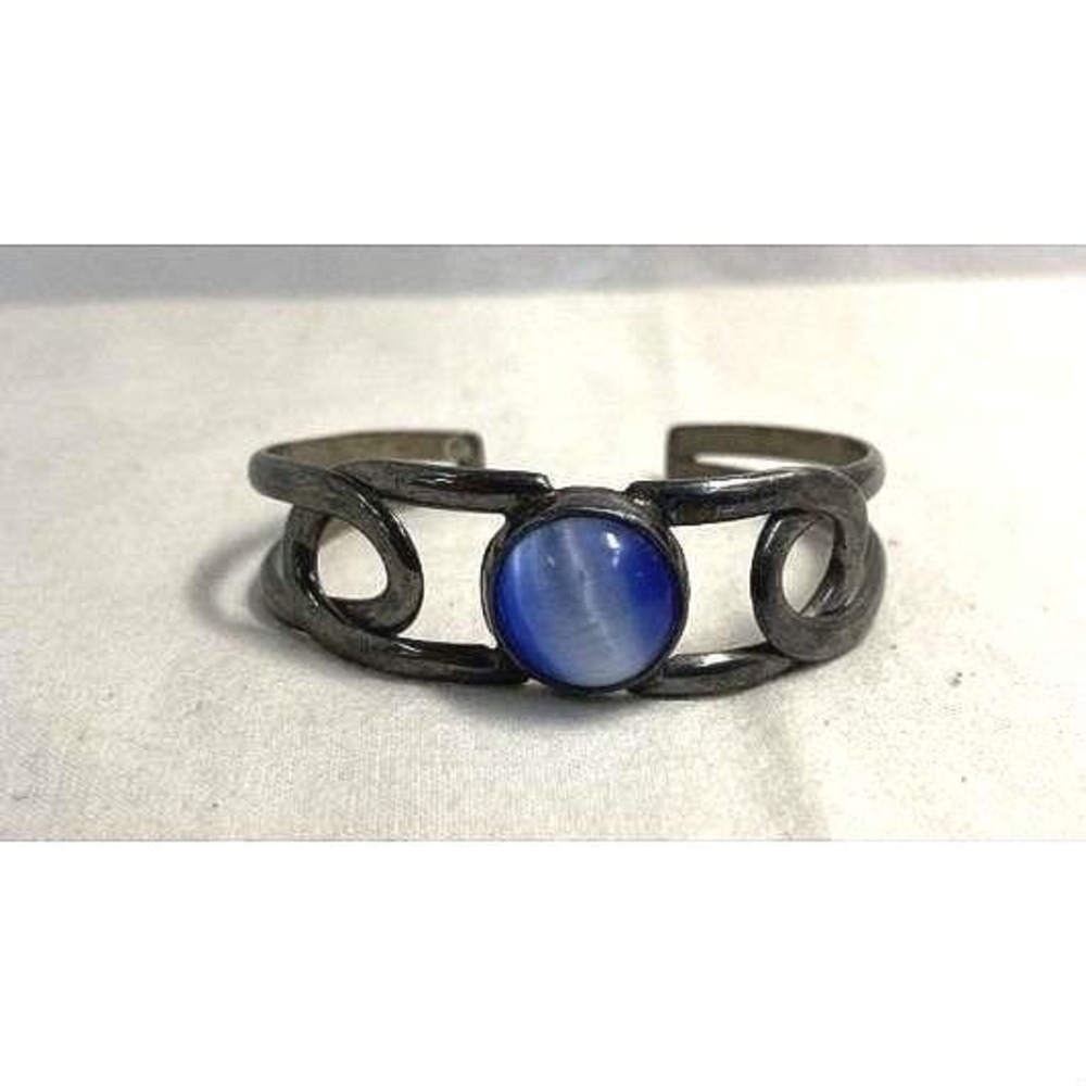 Vintage Mexico 925 Sterling Silver Blue Moonstone Cuff Bracelet Taxco Style